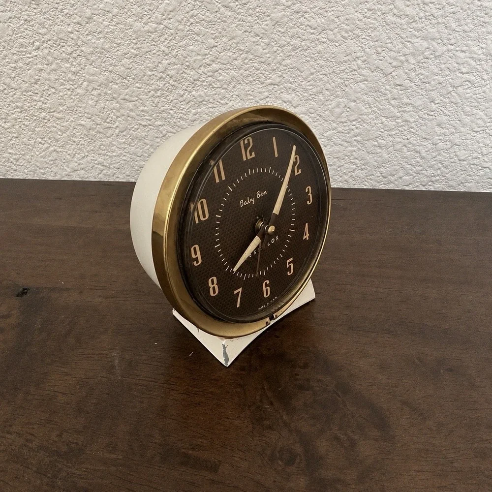 Vintage Westclox Baby Ben 321-L Alarm Clock White Gold Works w/ Original Box